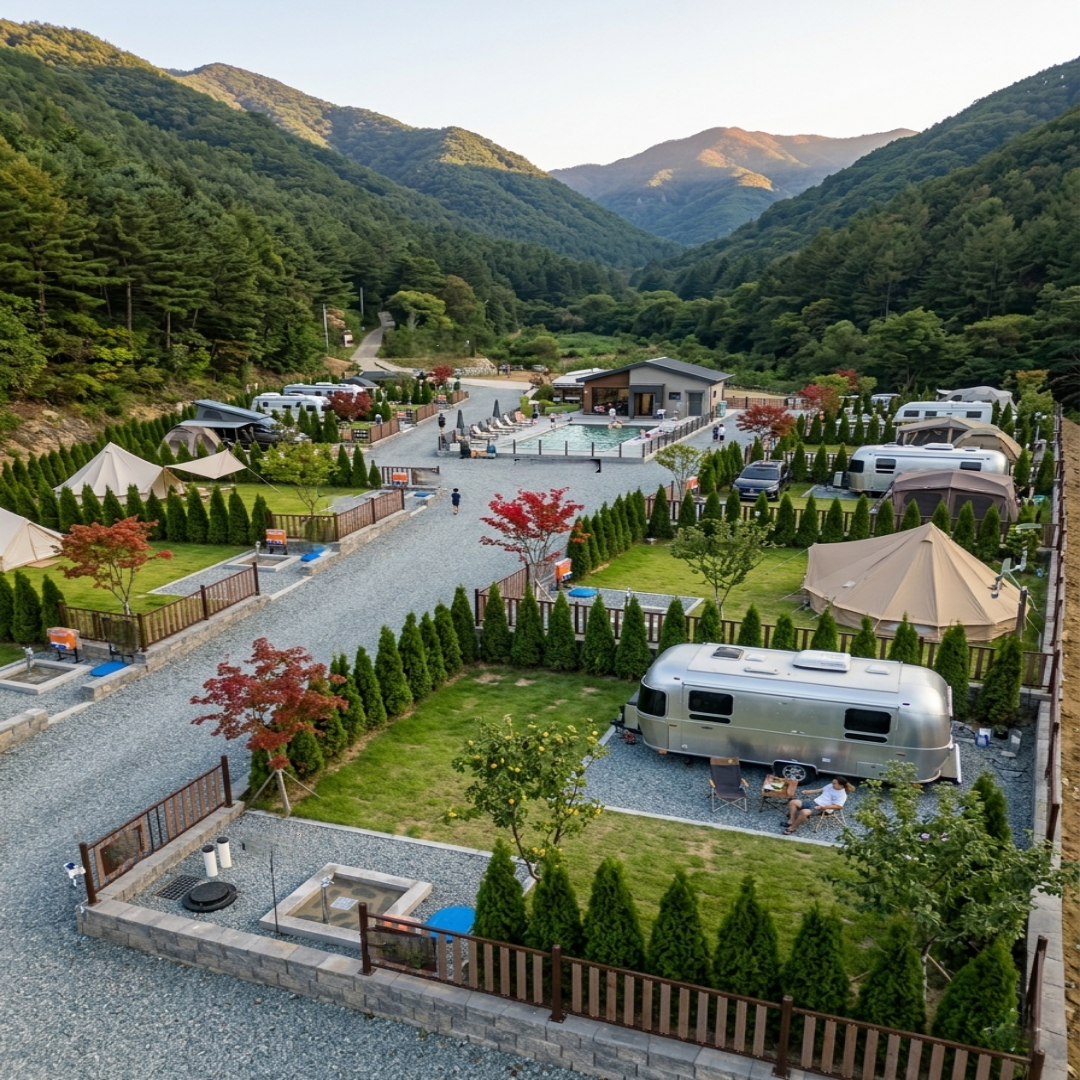 벨루나힐스 캠핑장 전경 — 에어스트림 트레일러와 글램핑 텐트